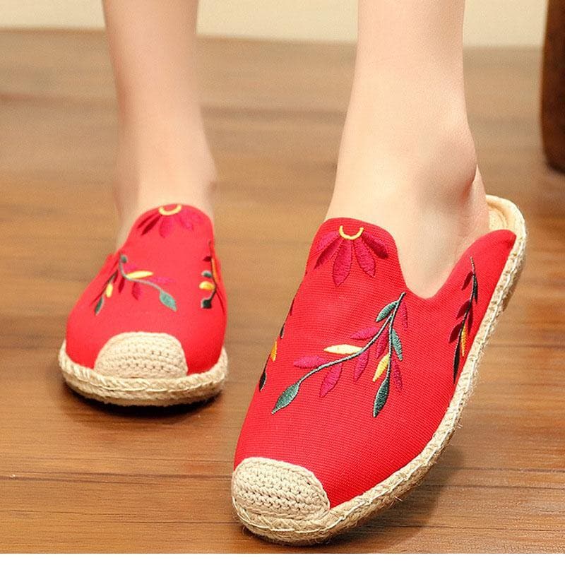 Simple Splicing Red Cotton Fabric Embroideried Slippers Shoes - Slide Sandals - DYAVOR®