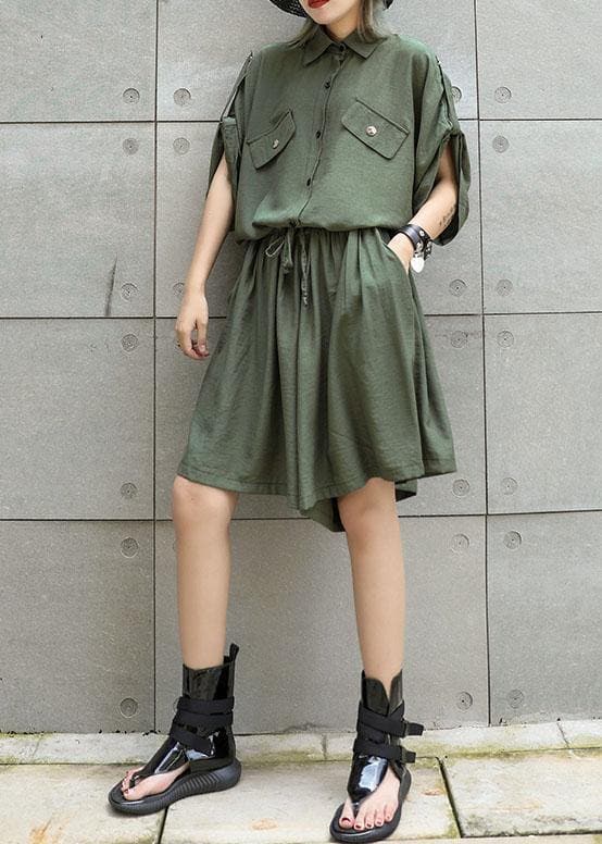 Simple green false two pieces cotton quilting dresses drawstring Art summer Dress - - DYAVOR®