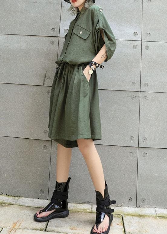 Simple green false two pieces cotton quilting dresses drawstring Art summer Dress - - DYAVOR®