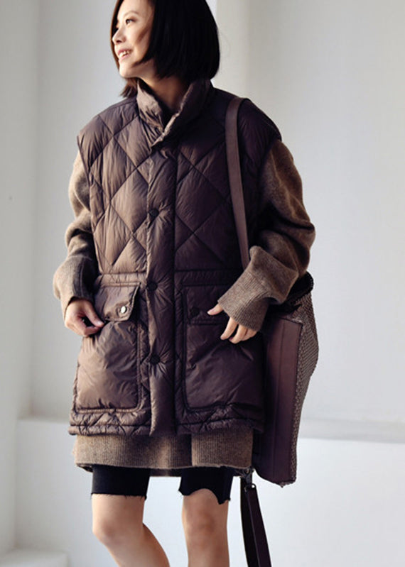 Slim Fit Chocolate Colour Stand Collar Drawstring Button Low High Design Duck Down Filled Waistcoat Winter - Down Jackets - DYAVOR®