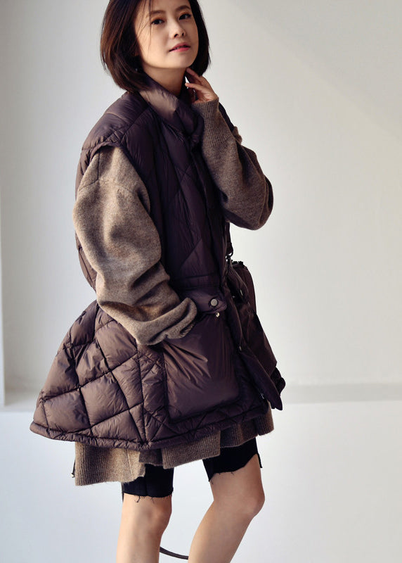 Slim Fit Chocolate Colour Stand Collar Drawstring Button Low High Design Duck Down Filled Waistcoat Winter - Down Jackets - DYAVOR®