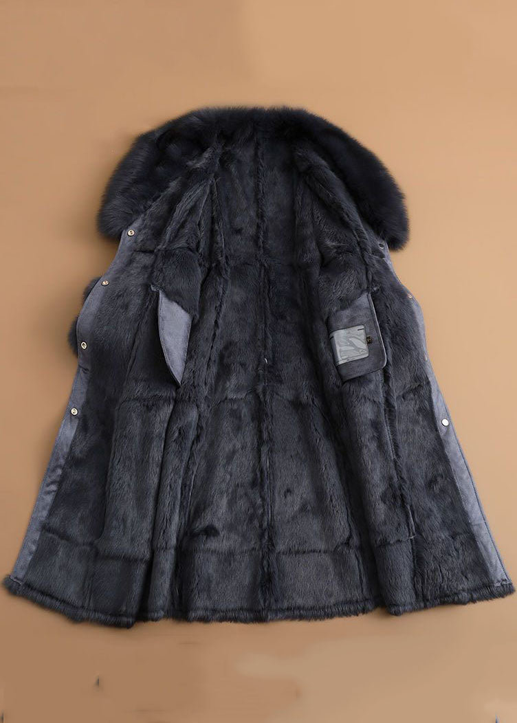 Slim Fit Denim Blue Fox collar Sashes Pockets Leather And Fur Parkas Winter - Down Jackets - DYAVOR®