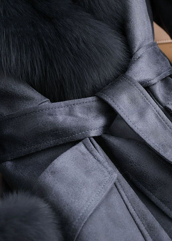 Slim Fit Denim Blue Fox collar Sashes Pockets Leather And Fur Parkas Winter - Down Jackets - DYAVOR®