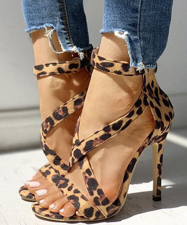 Soft Leopard Print Cross Strap zippered Stiletto Sandals Velour Fabric - High Heels - DYAVOR®