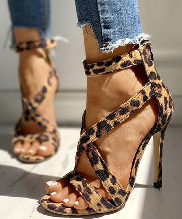 Soft Leopard Print Cross Strap zippered Stiletto Sandals Velour Fabric - High Heels - DYAVOR®