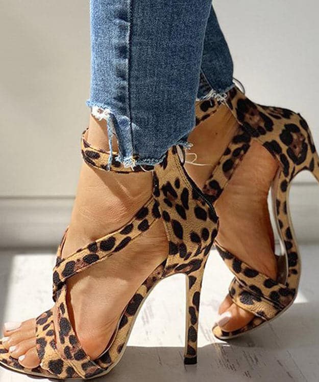 Soft Leopard Print Cross Strap zippered Stiletto Sandals Velour Fabric - High Heels - DYAVOR®