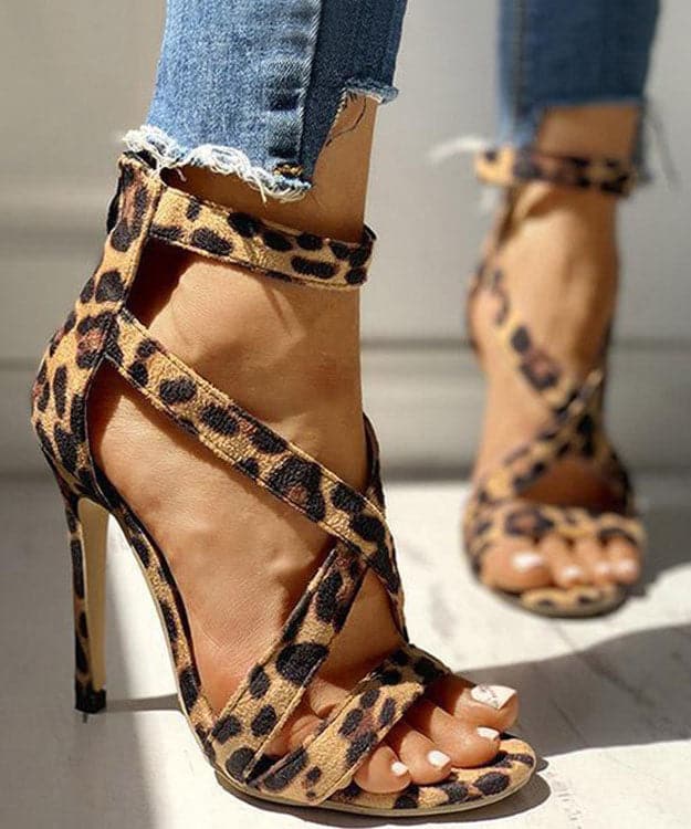 Soft Leopard Print Cross Strap zippered Stiletto Sandals Velour Fabric - High Heels - DYAVOR®