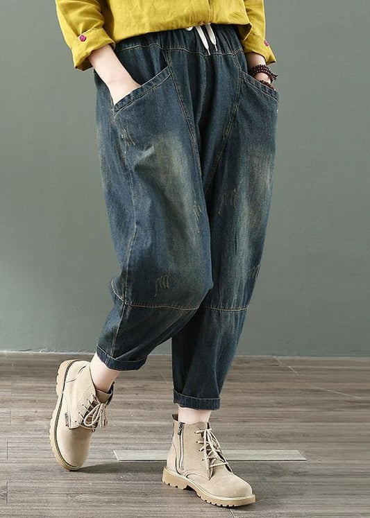 Spring nine points cross pants denim harem pants female elastic waist retro loose trousers -  - DYAVOR®