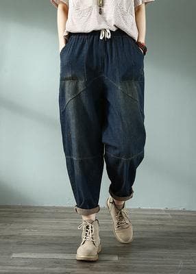 Spring nine points cross pants denim harem pants female elastic waist retro loose trousers - - DYAVOR®