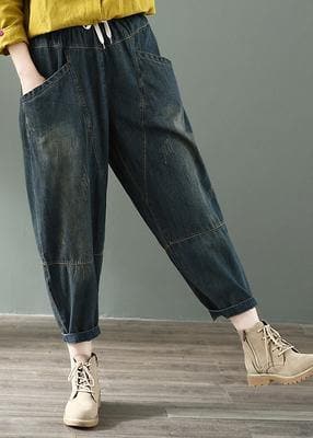 Spring nine points cross pants denim harem pants female elastic waist retro loose trousers - - DYAVOR®