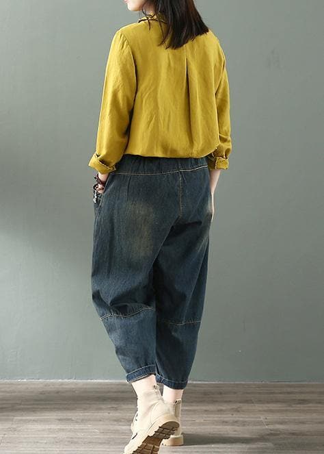 Spring nine points cross pants denim harem pants female elastic waist retro loose trousers - - DYAVOR®