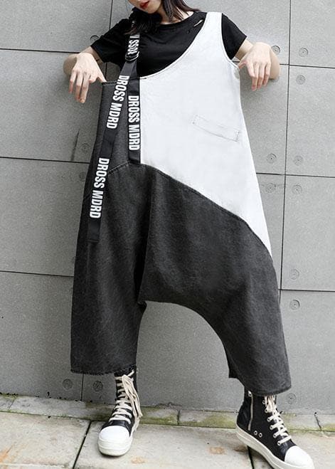 Strap retro black gray patchwork overalls casual pants jeans women - - DYAVOR®