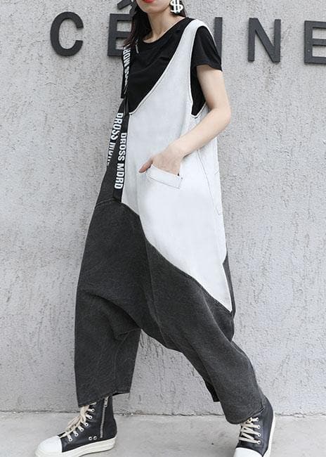 Strap retro black gray patchwork overalls casual pants jeans women - - DYAVOR®