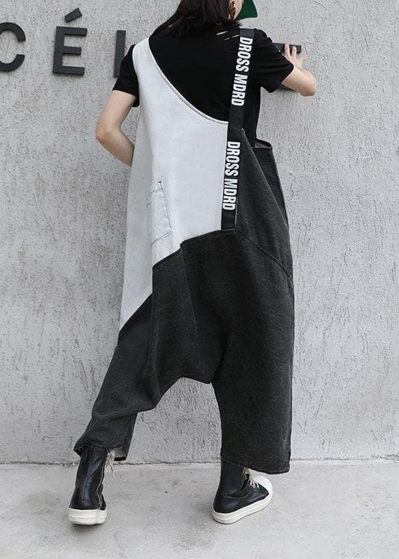 Strap retro black gray patchwork overalls casual pants jeans women - - DYAVOR®