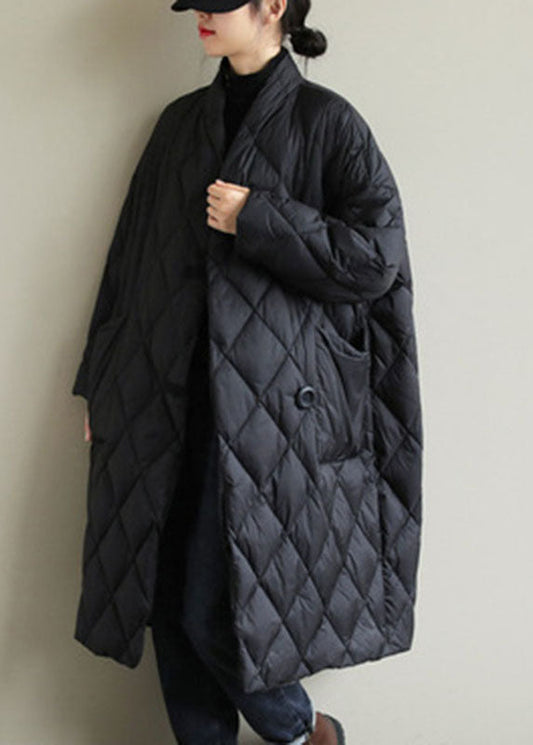 Street Black Stand Collar Button Pockets Winter Down Coat Long sleeve - Down Jackets - DYAVOR®