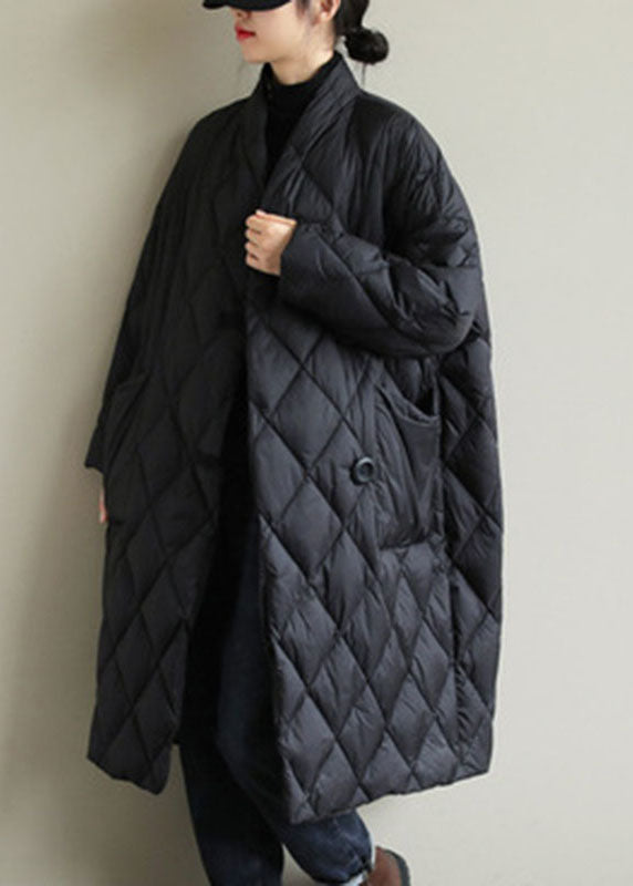 Street Black Stand Collar Button Pockets Winter Down Coat Long sleeve - Down Jackets - DYAVOR®