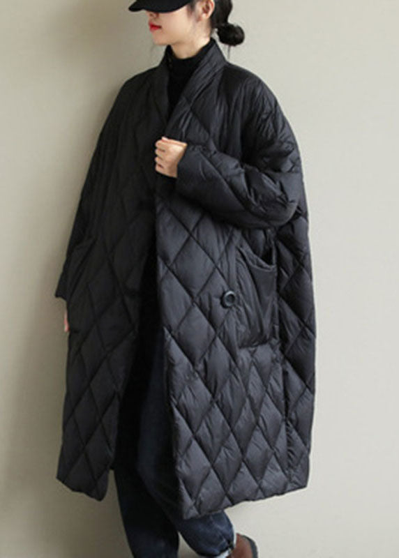 Street Black Stand Collar Button Pockets Winter Down Coat Long sleeve - Down Jackets - DYAVOR®