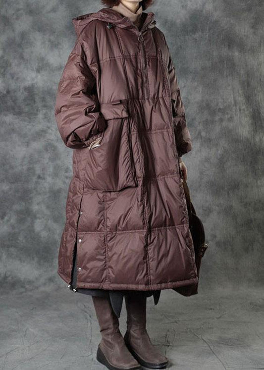 Street Chocolate Hooded Pockets Button Winter Zippered Duck Down Winter Coats Long Sleeve - Down Jackets - DYAVOR®