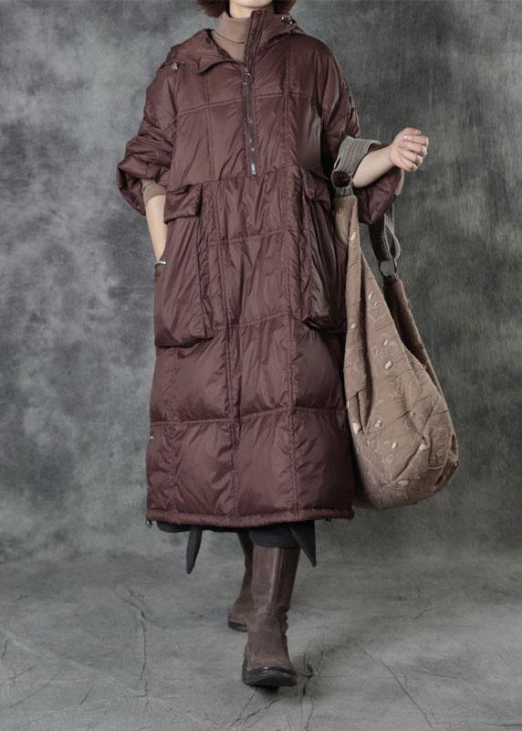 Street Chocolate Hooded Pockets Button Winter Zippered Duck Down Winter Coats Long Sleeve - Down Jackets - DYAVOR®