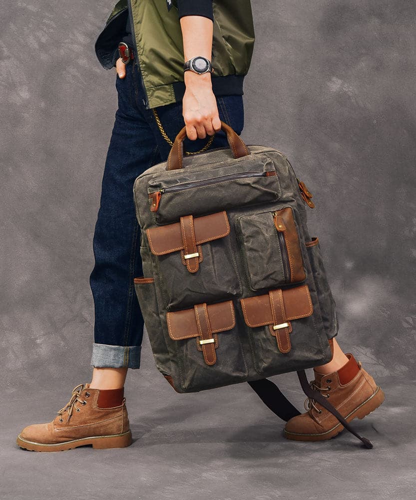 Style Army Green Pockets Cotton Backpack Bag - Handbags - DYAVOR®