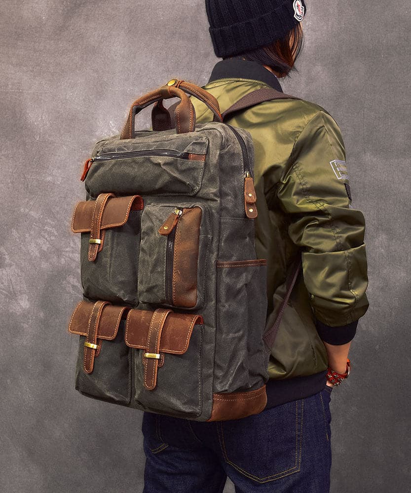 Style Army Green Pockets Cotton Backpack Bag - Handbags - DYAVOR®