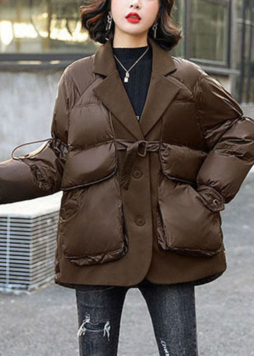 Style Chocolate Peter Pan Collar Patchwork Winter Down Coat - Down Jackets - DYAVOR®