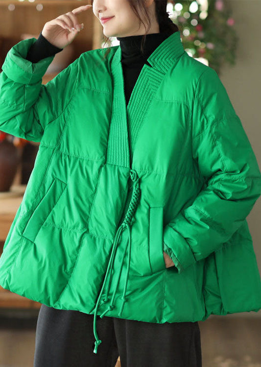 Style Green V Neck Oversized Oriental Button Duck Down Puffer Coat Winter - Down Jackets - DYAVOR®
