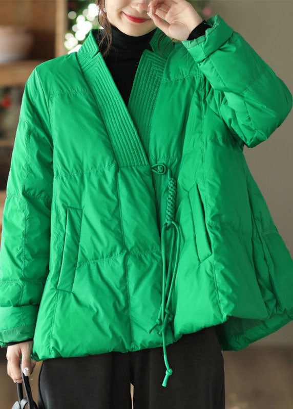 Style Green V Neck Oversized Oriental Button Duck Down Puffer Coat Winter - Down Jackets - DYAVOR®