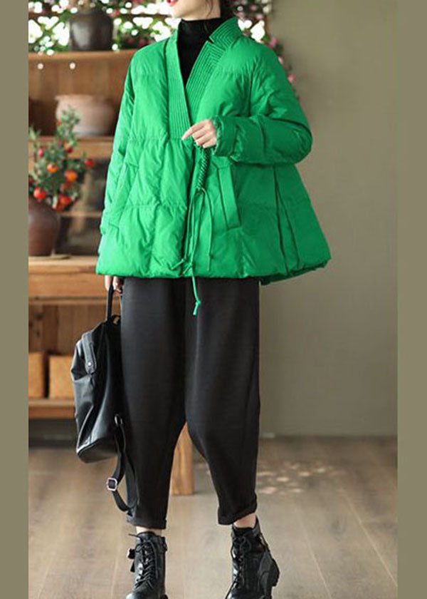 Style Green V Neck Oversized Oriental Button Duck Down Puffer Coat Winter - Down Jackets - DYAVOR®