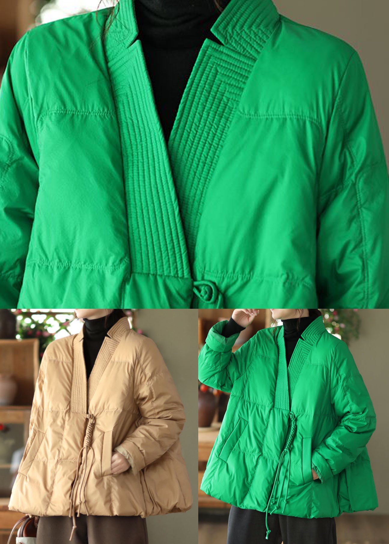 Style Green V Neck Oversized Oriental Button Duck Down Puffer Coat Winter - Down Jackets - DYAVOR®
