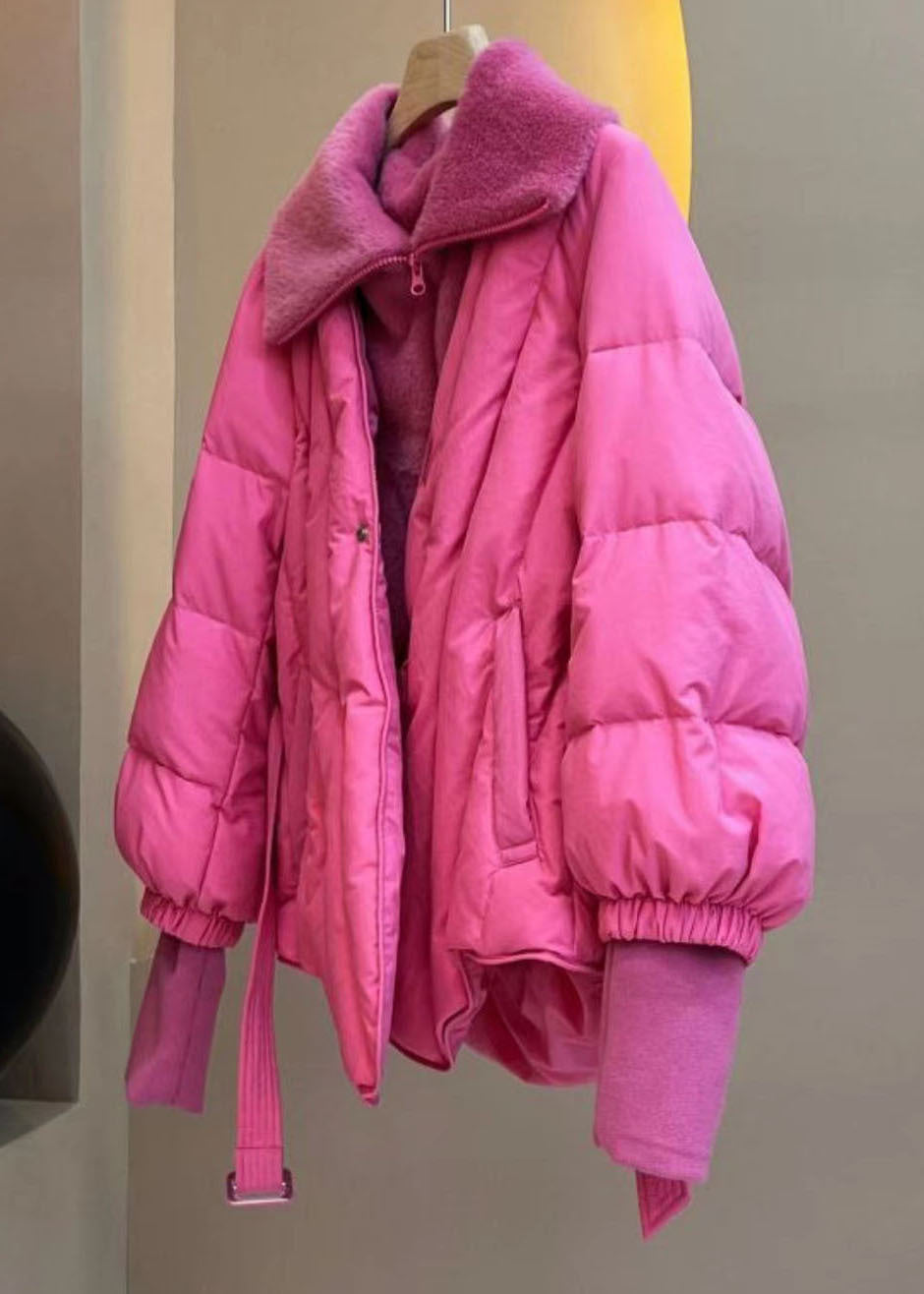 Style Pink Fur collar Patchwork Fine Cotton Filled Fake Two Piece Jacket In Winter - Down Jackets - DYAVOR®