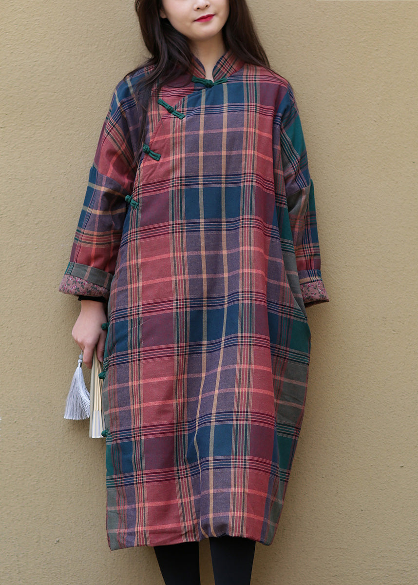 Style Stand Collar Plaid Side Open Warm Fleece Thick Cotton Parka Winter - Down Jackets - DYAVOR®
