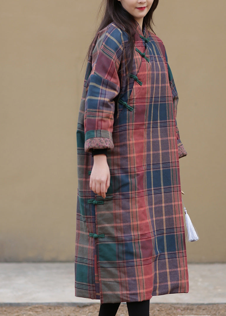 Style Stand Collar Plaid Side Open Warm Fleece Thick Cotton Parka Winter - Down Jackets - DYAVOR®
