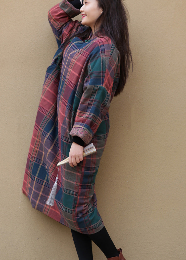 Style Stand Collar Plaid Side Open Warm Fleece Thick Cotton Parka Winter - Down Jackets - DYAVOR®