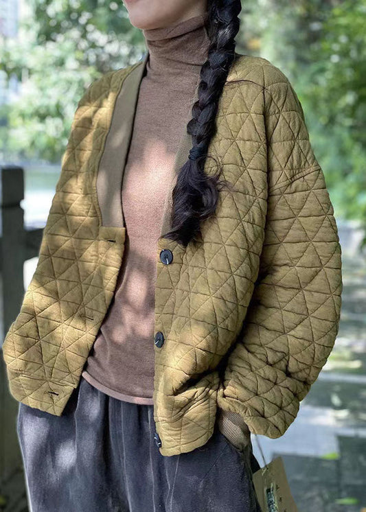 Style Yellow V Neck Fine Cotton Filled Loose Sweatshirts Top Winter - Down Jackets - DYAVOR®