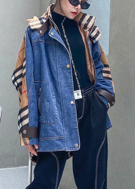 Style hooded patchwork  tunics for women denim blue Plus Size Clothing outwear -  - DYAVOR®