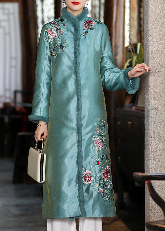 Stylish Apricot Faux Fur Collar Embroideried Floral Thick Satin Cheongsam Long Sleeve - Down Jackets - DYAVOR®