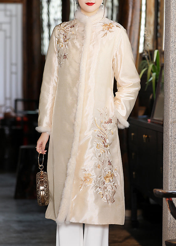 Stylish Apricot Faux Fur Collar Embroideried Floral Thick Satin Cheongsam Long Sleeve - Down Jackets - DYAVOR®