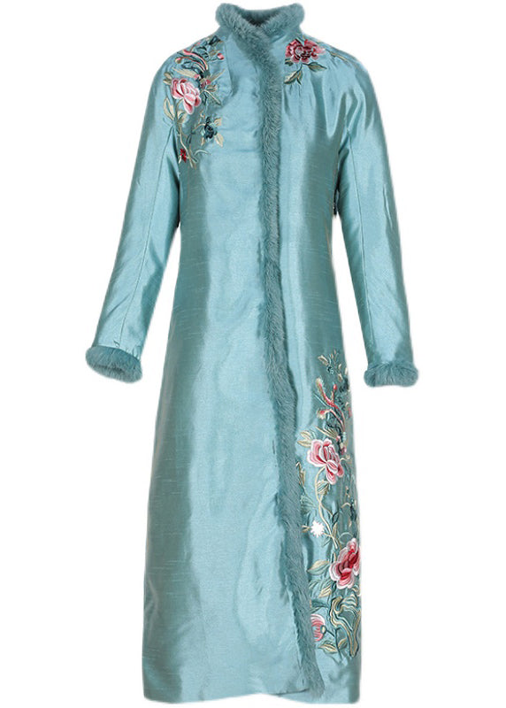 Stylish Apricot Faux Fur Collar Embroideried Floral Thick Satin Cheongsam Long Sleeve - Down Jackets - DYAVOR®