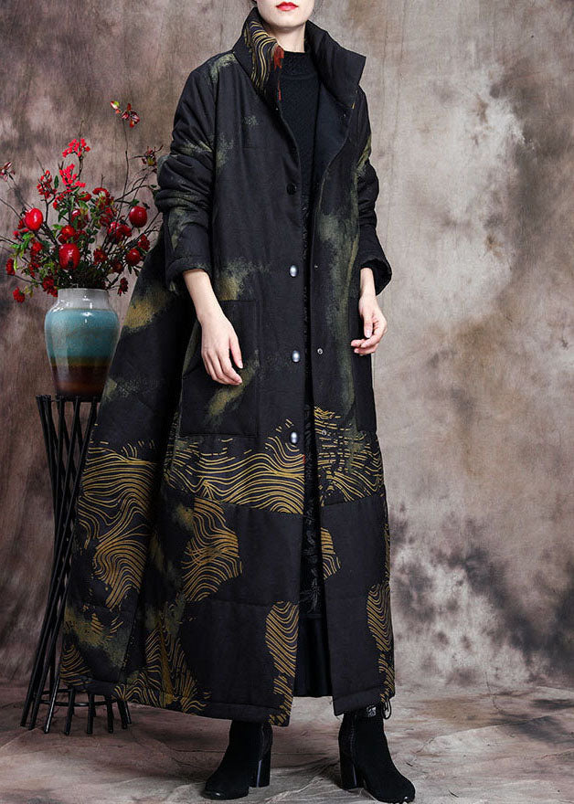 Stylish Black Stand Collar Oversized Print Pockets Fine Cotton Filled Puffer Wool Coats Winter - Down Jackets - DYAVOR®