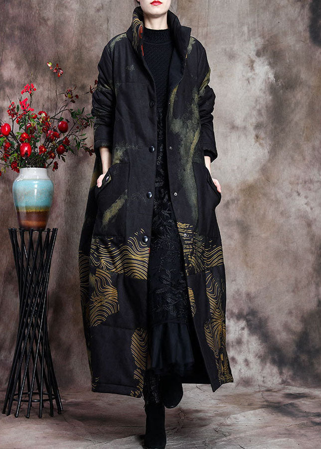 Stylish Black Stand Collar Oversized Print Pockets Fine Cotton Filled Puffer Wool Coats Winter - Down Jackets - DYAVOR®
