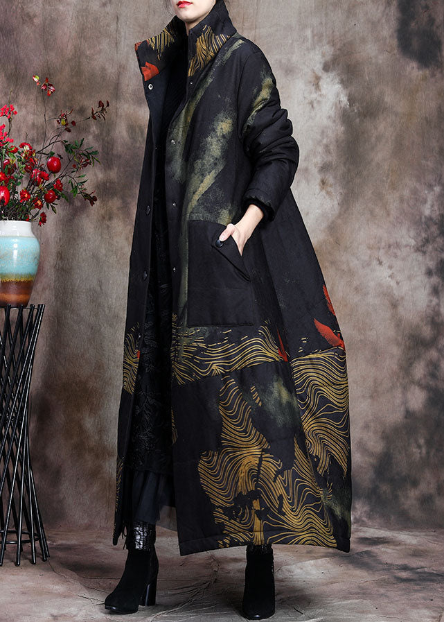Stylish Black Stand Collar Oversized Print Pockets Fine Cotton Filled Puffer Wool Coats Winter - Down Jackets - DYAVOR®