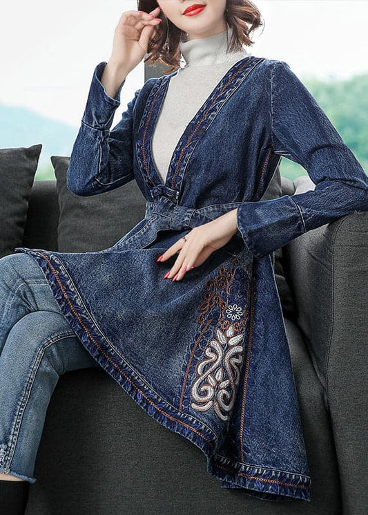 Stylish Blue V Neck Embroideried Tie Waist Cotton Denim Trench Coats Long Sleeve - Trench coats - DYAVOR®
