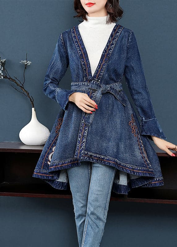 Stylish Blue V Neck Embroideried Tie Waist Cotton Denim Trench Coats Long Sleeve - Trench coats - DYAVOR®