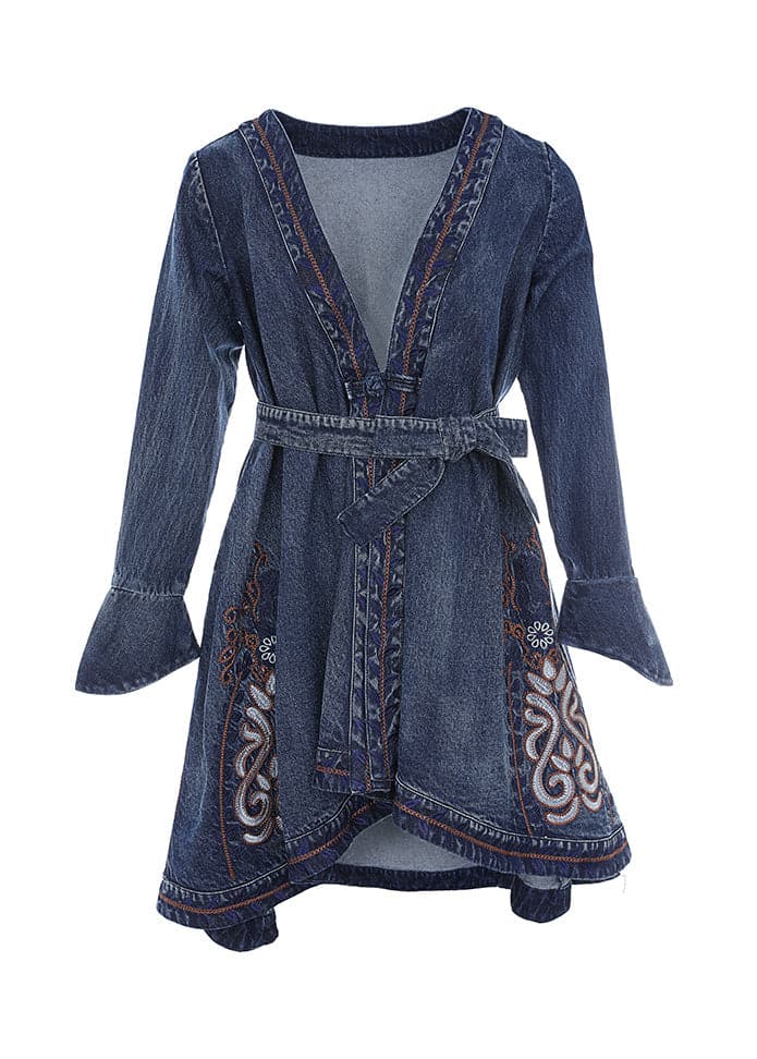 Stylish Blue V Neck Embroideried Tie Waist Cotton Denim Trench Coats Long Sleeve - Trench coats - DYAVOR®
