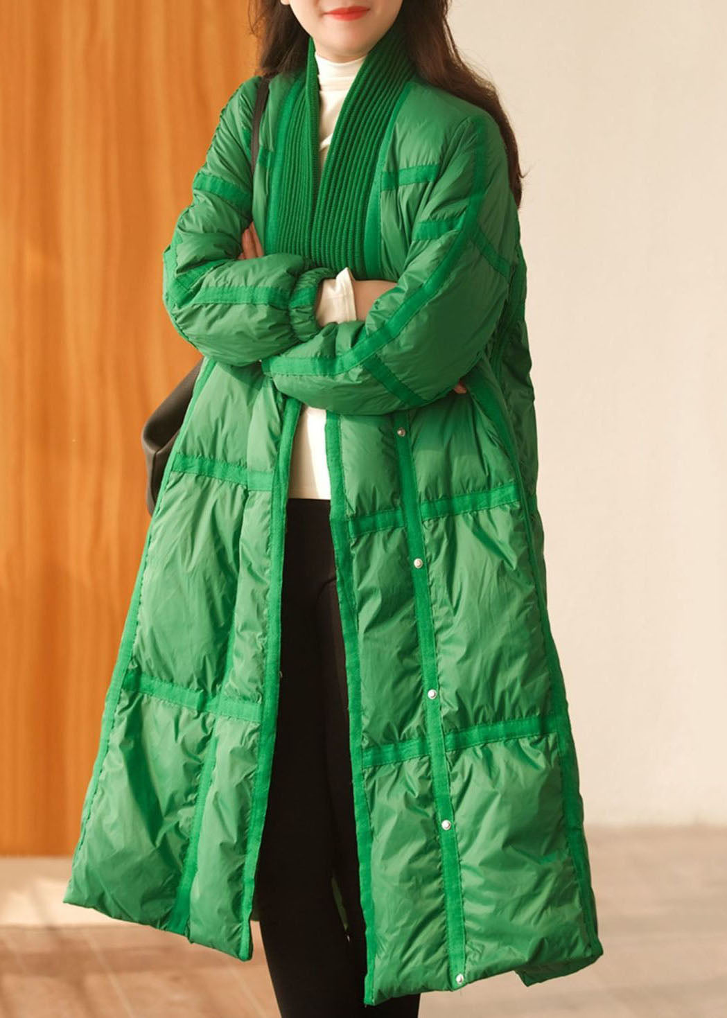 Stylish Green V Neck Knit Patchwork Duck Down Down Coats Winter - Down Jackets - DYAVOR®