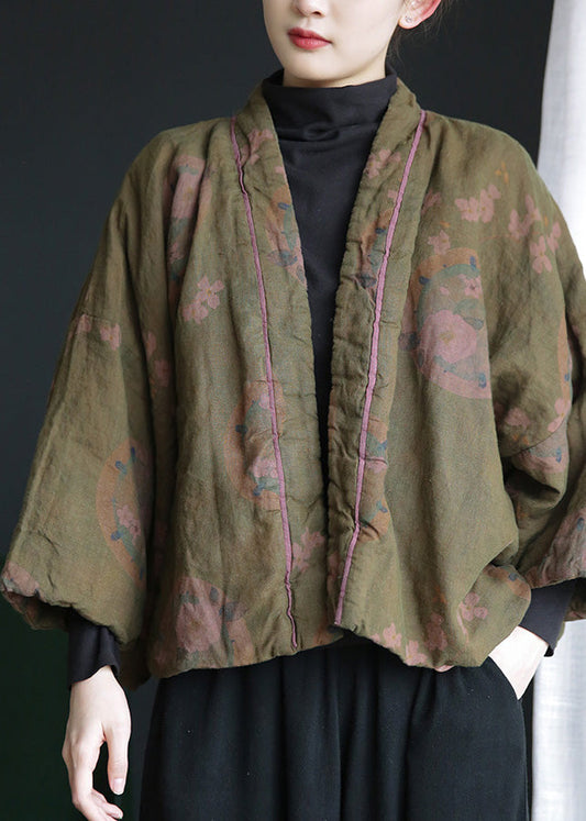 Stylish Green V Neck Print Button Warm Fleece Linen Parka Winter - Down Jackets - DYAVOR®