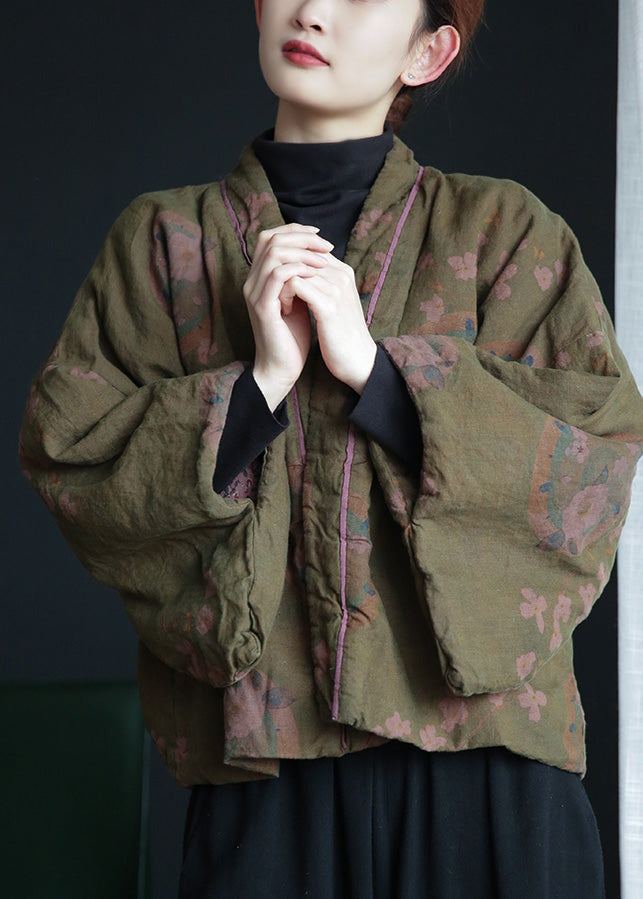 Stylish Green V Neck Print Button Warm Fleece Linen Parka Winter - Down Jackets - DYAVOR®