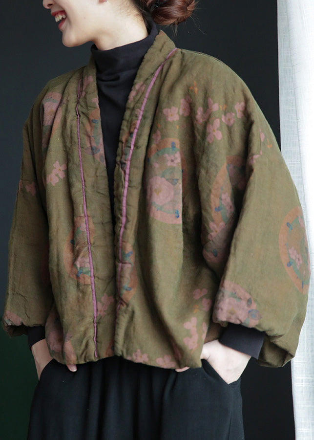 Stylish Green V Neck Print Button Warm Fleece Linen Parka Winter - Down Jackets - DYAVOR®