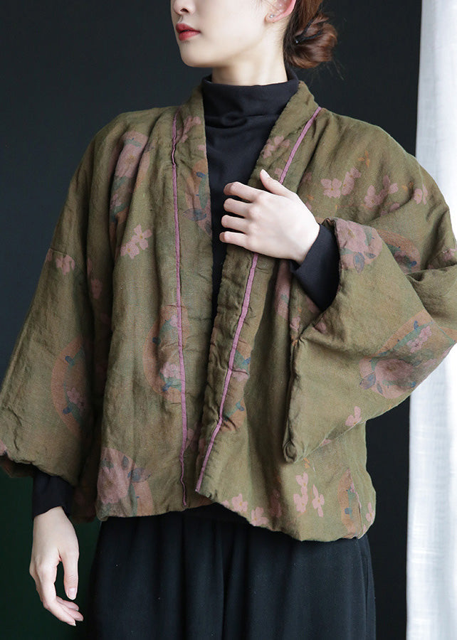 Stylish Green V Neck Print Button Warm Fleece Linen Parka Winter - Down Jackets - DYAVOR®